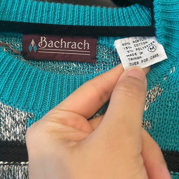 Vintage 80s Striped and Patterned Teal Bachrach Sweater Adult Medium - Picture 2 of 3